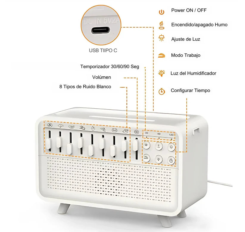 Humidificador con Altavoz y Ruido Blanco